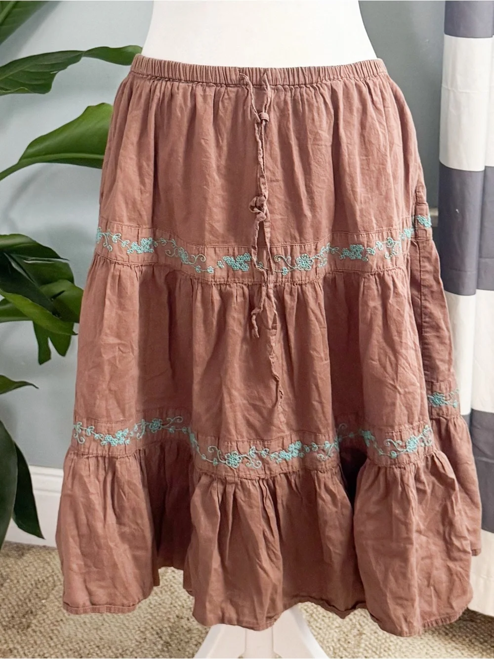 SO Rust Brown Tiered Midi Skirt with Turquoise Embroidery